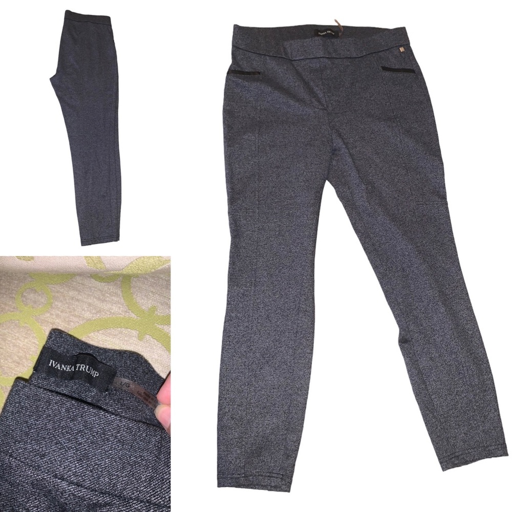 Ivanka Trump dress pants. Gray/black w/ leather detail .Straight leg mid waist L